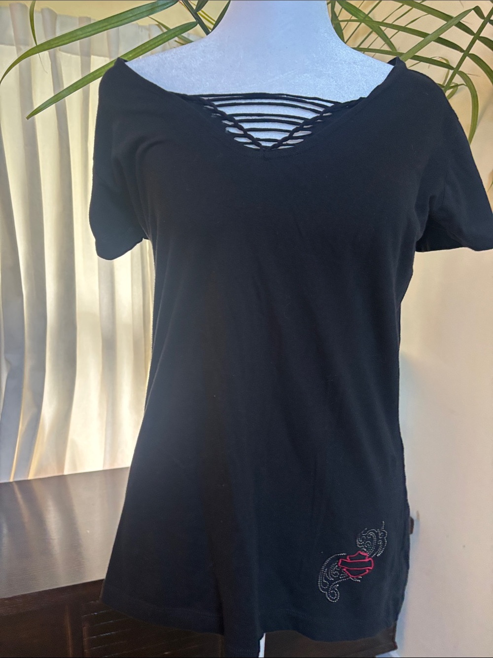 Harley-Davidson Black Short Sleeve Tee with Strappy V-Neck